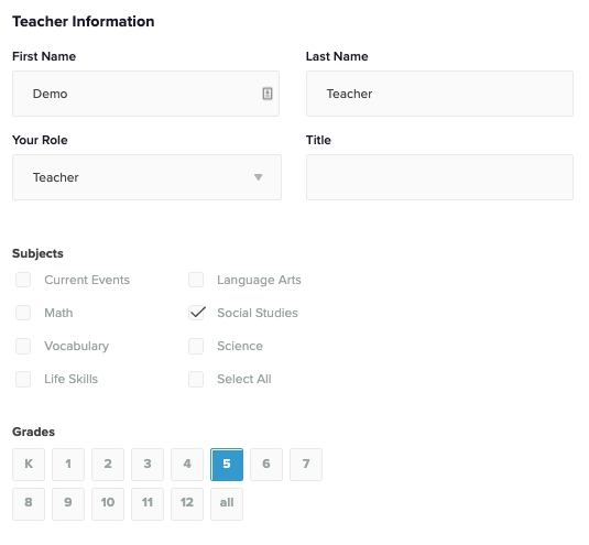 Teacher information section of My Profile with sections for users to enter their title and role and checkboxes to select subjects and grade levels
